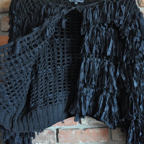 Minkas SHAGGY Black KNIT Ribbon FRINGE CARDIGAN SWEATER XL - Picture 2 of 8